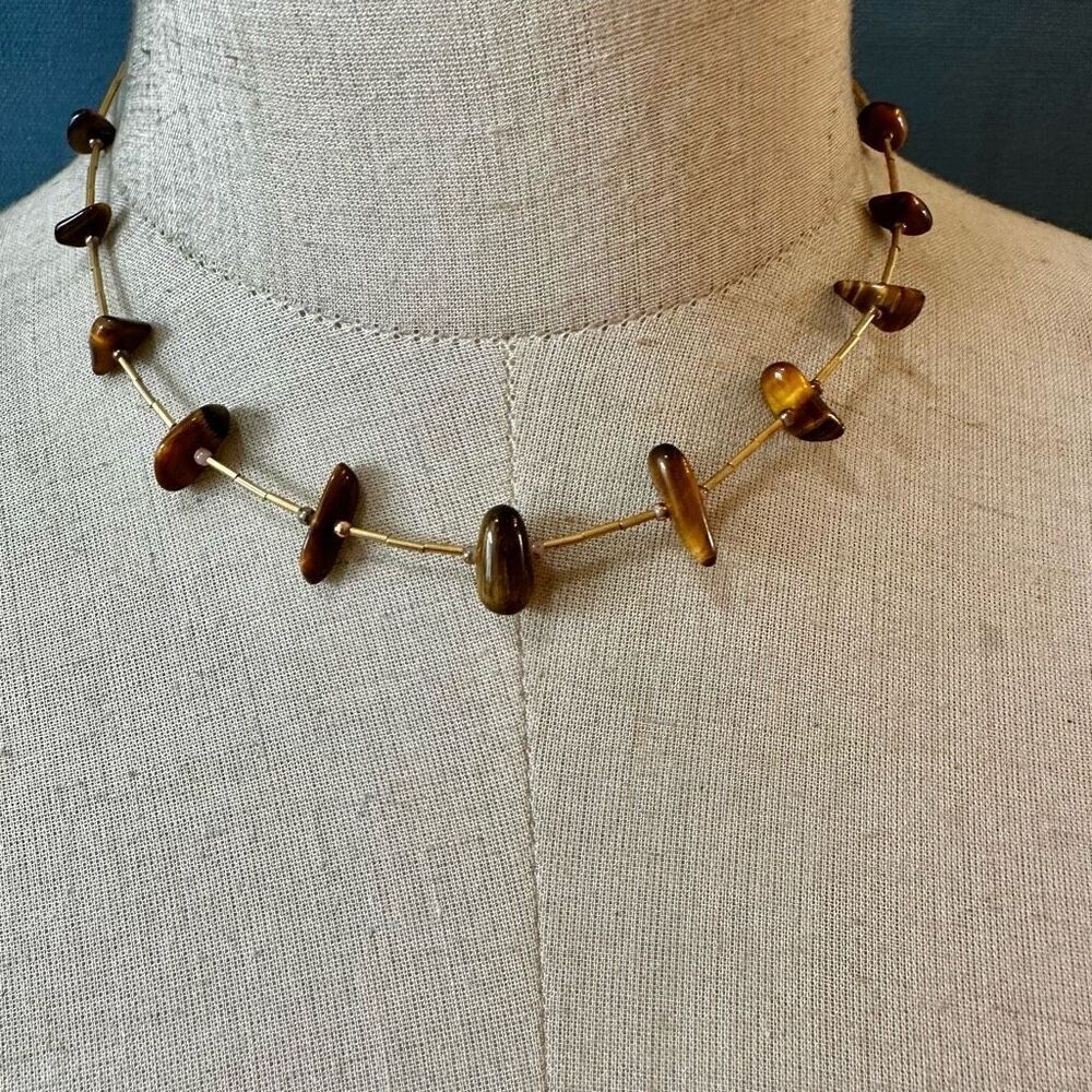 Gold tone tigers eye chip collar  necklace